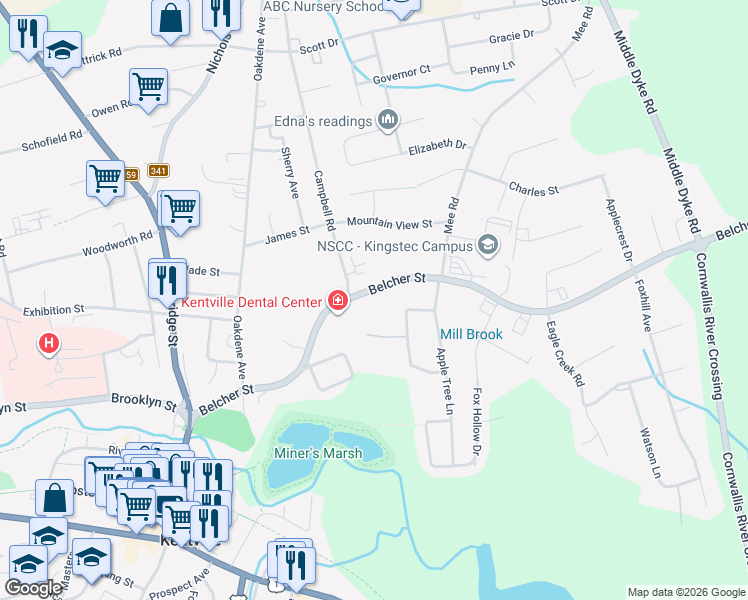 map of restaurants, bars, coffee shops, grocery stores, and more near 179 Belcher Street in Kentville