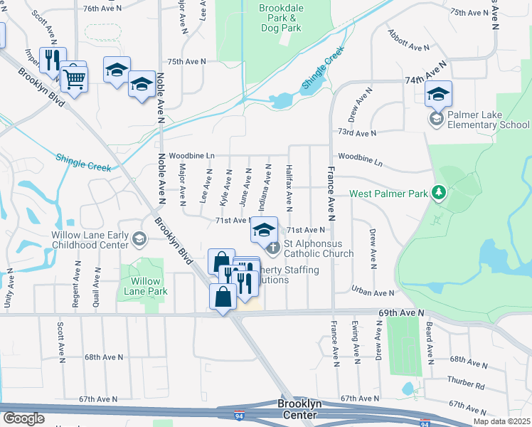 map of restaurants, bars, coffee shops, grocery stores, and more near 4111 71st Avenue North in Minneapolis