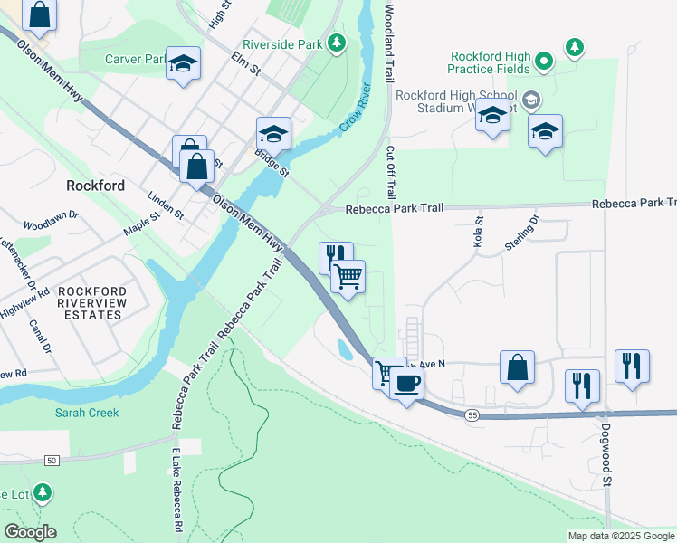 map of restaurants, bars, coffee shops, grocery stores, and more near 8060 Highway 55 in Rockford