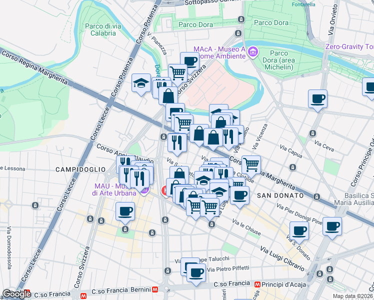 map of restaurants, bars, coffee shops, grocery stores, and more near 4/I Via Martinetto in Torino