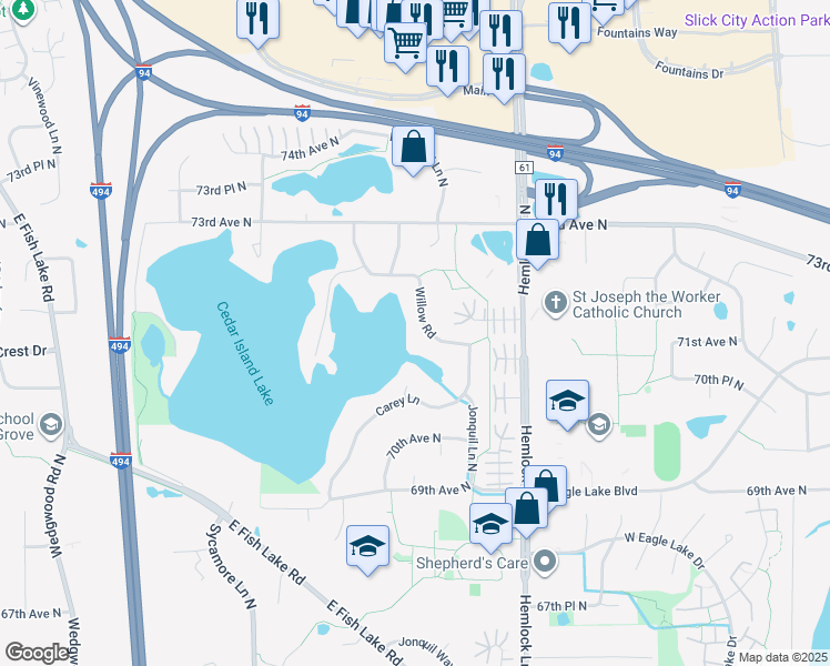map of restaurants, bars, coffee shops, grocery stores, and more near 7119 Willow Road in Maple Grove