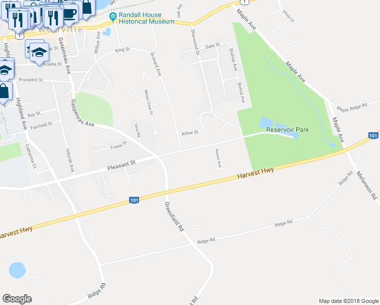 map of restaurants, bars, coffee shops, grocery stores, and more near 69 Pleasant Street in Wolfville