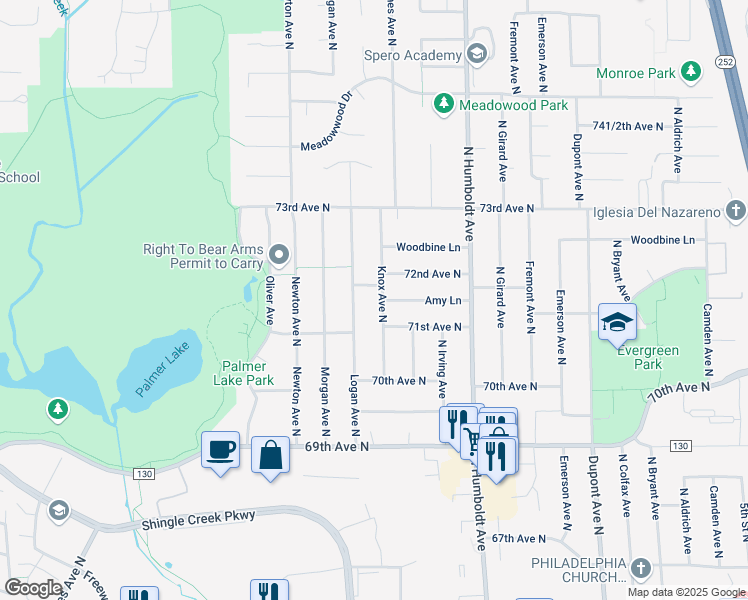 map of restaurants, bars, coffee shops, grocery stores, and more near 7107 Knox Avenue North in Minneapolis