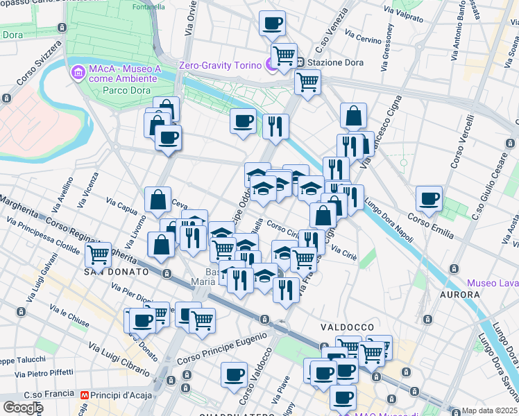 map of restaurants, bars, coffee shops, grocery stores, and more near 7 Corso Ciriè in Turin