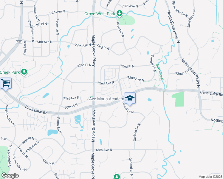 map of restaurants, bars, coffee shops, grocery stores, and more near 17251 72nd Avenue North in Osseo