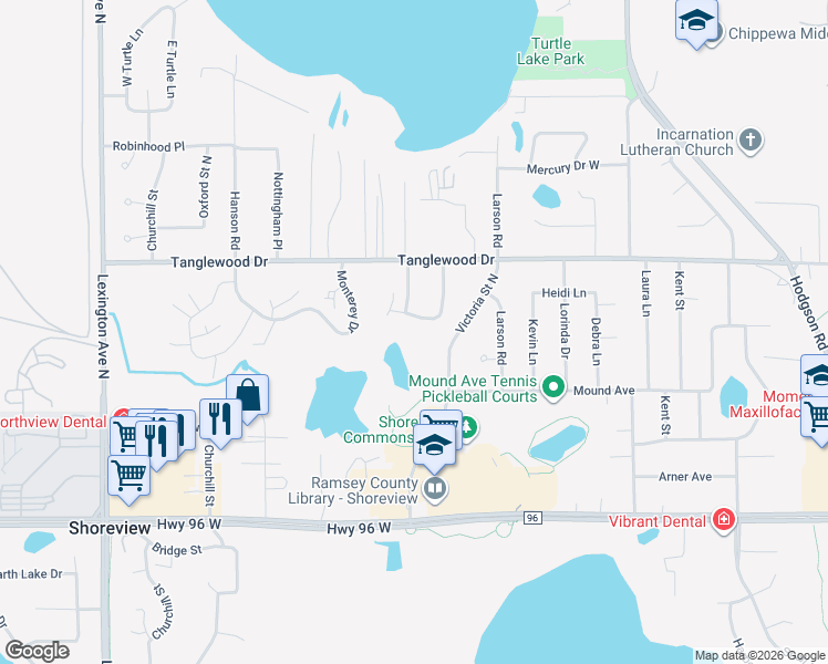 map of restaurants, bars, coffee shops, grocery stores, and more near 4715 Victoria Street North in Shoreview