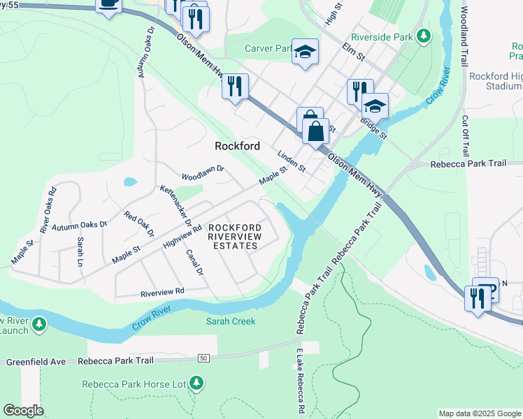 map of restaurants, bars, coffee shops, grocery stores, and more near 121 Marinaview Drive in Rockford