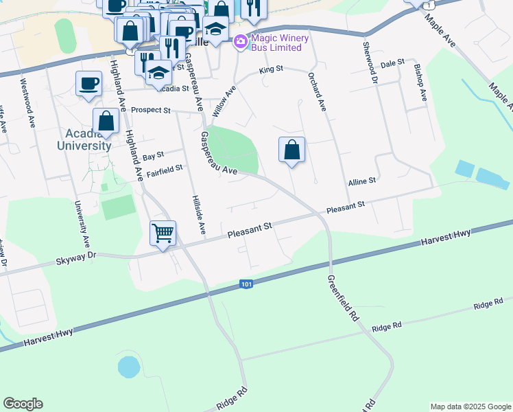 map of restaurants, bars, coffee shops, grocery stores, and more near 19 Fowler Street in Wolfville