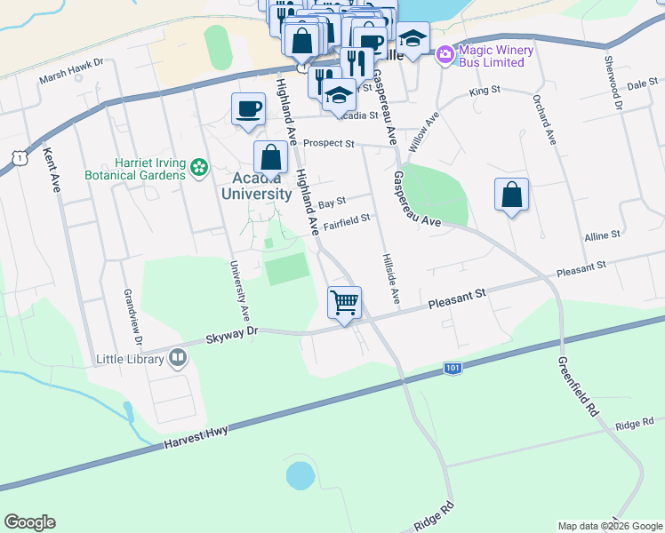 map of restaurants, bars, coffee shops, grocery stores, and more near 76 Highland Avenue in Wolfville