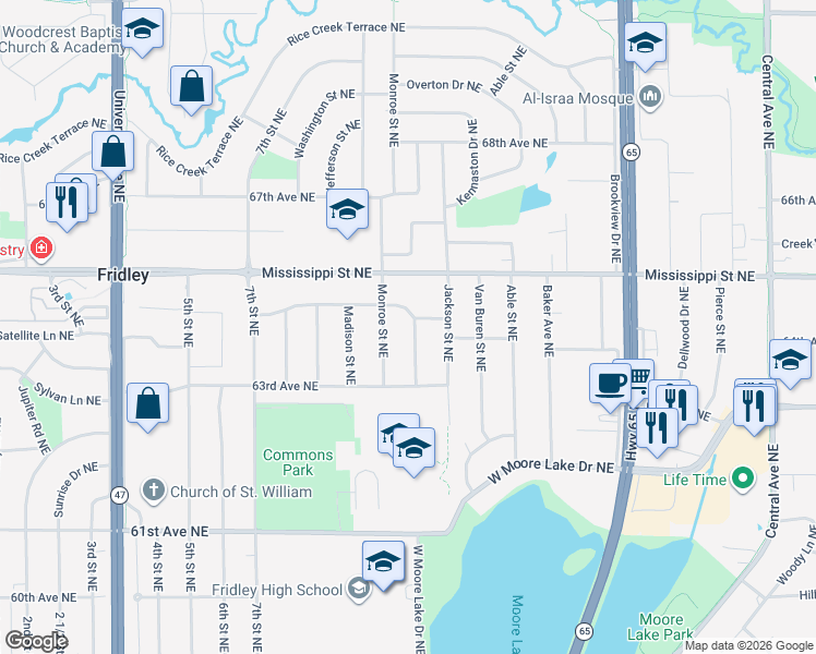 map of restaurants, bars, coffee shops, grocery stores, and more near 6340 Quincy Street Northeast in Fridley