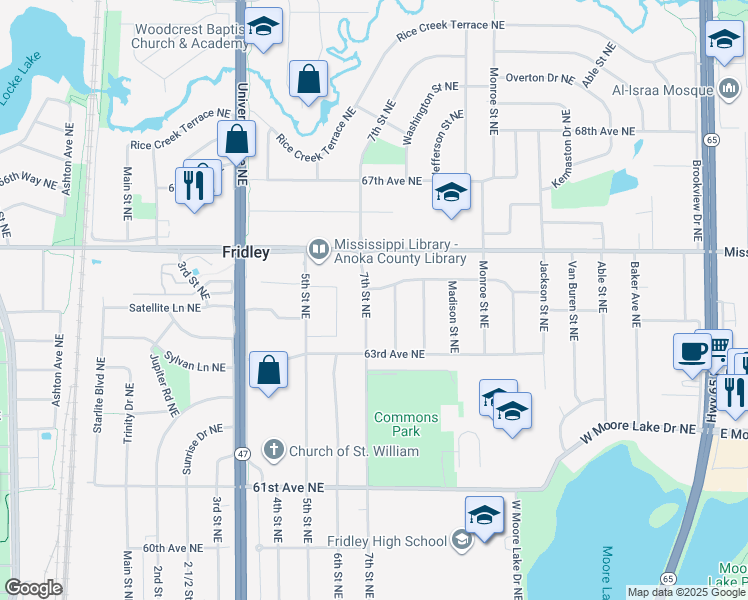 map of restaurants, bars, coffee shops, grocery stores, and more near 6380 7th Street Northeast in Minneapolis