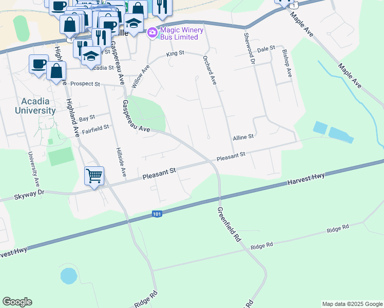 map of restaurants, bars, coffee shops, grocery stores, and more near 178 Gaspereau Avenue in Wolfville