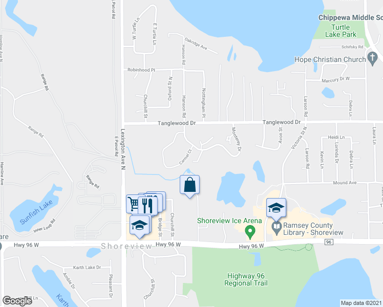 map of restaurants, bars, coffee shops, grocery stores, and more near 946 Carmel Court in Shoreview