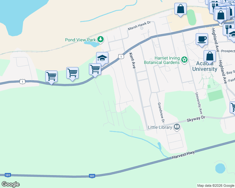 map of restaurants, bars, coffee shops, grocery stores, and more near 51 Stirling Avenue in Wolfville