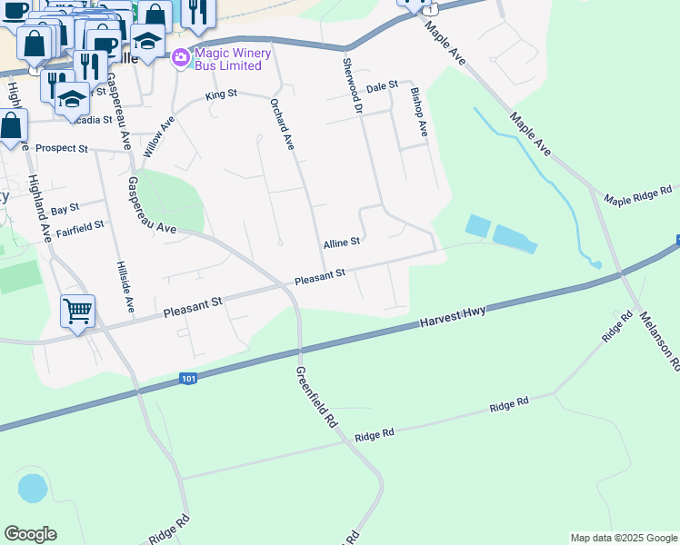 map of restaurants, bars, coffee shops, grocery stores, and more near Pleasant Street in Wolfville