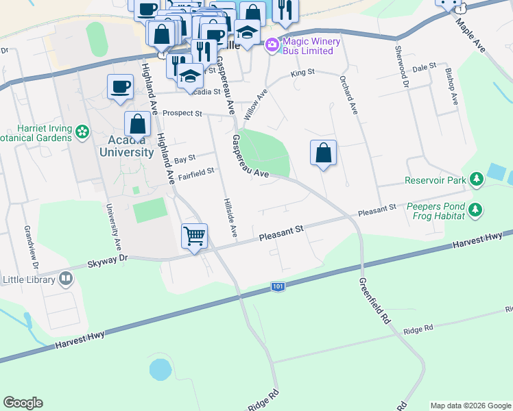 map of restaurants, bars, coffee shops, grocery stores, and more near 42 Fowler Street in Wolfville
