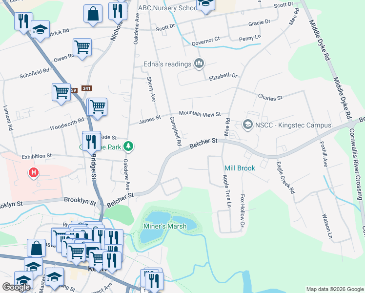 map of restaurants, bars, coffee shops, grocery stores, and more near 145 Belcher Street in Kentville