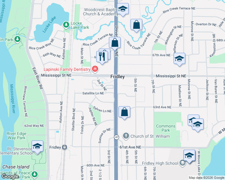 map of restaurants, bars, coffee shops, grocery stores, and more near 6390 University Avenue Northeast in Fridley