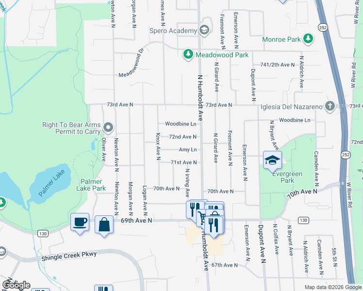 map of restaurants, bars, coffee shops, grocery stores, and more near 1512 71st Avenue North in Minneapolis