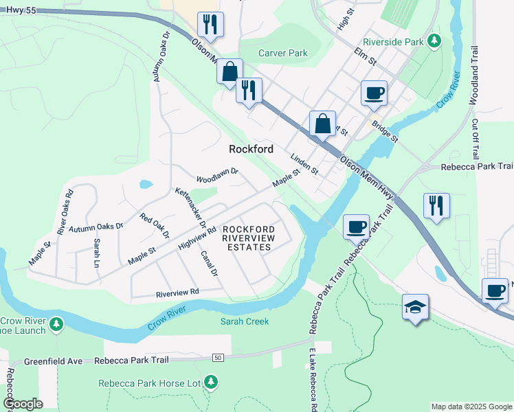 map of restaurants, bars, coffee shops, grocery stores, and more near 8501 Woodlawn Drive in Rockford