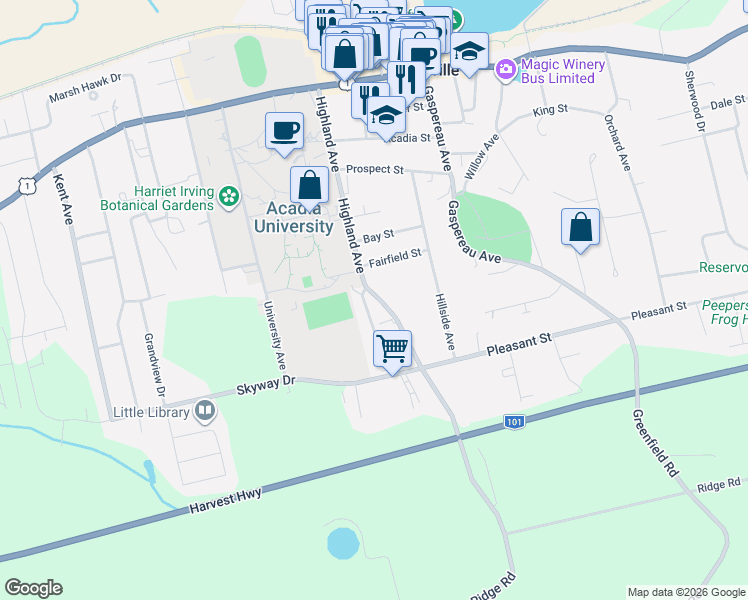 map of restaurants, bars, coffee shops, grocery stores, and more near 74 Highland Avenue in Wolfville