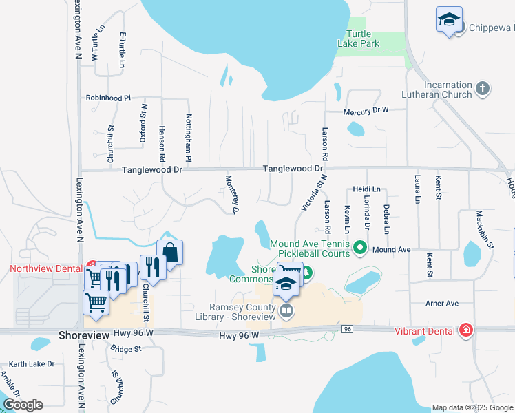 map of restaurants, bars, coffee shops, grocery stores, and more near 847 Martha Lake Court in Shoreview