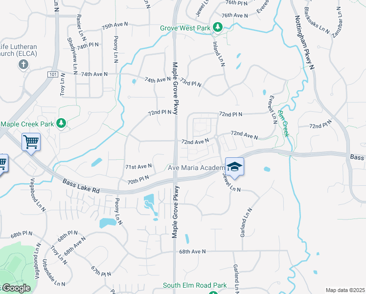 map of restaurants, bars, coffee shops, grocery stores, and more near 7206b Kimberly Lane North in Maple Grove