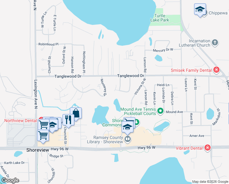 map of restaurants, bars, coffee shops, grocery stores, and more near 847 Martha Lake Court in Shoreview