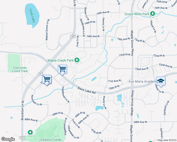 map of restaurants, bars, coffee shops, grocery stores, and more near 18116 72nd Avenue North in Maple Grove