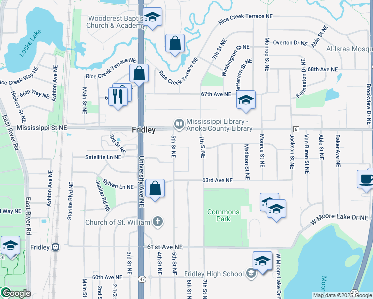 map of restaurants, bars, coffee shops, grocery stores, and more near 460 Mississippi Street Northeast in Fridley