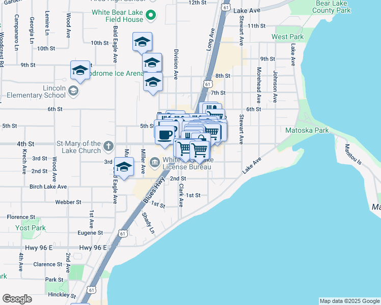 map of restaurants, bars, coffee shops, grocery stores, and more near 2171 4th Street in White Bear Lake