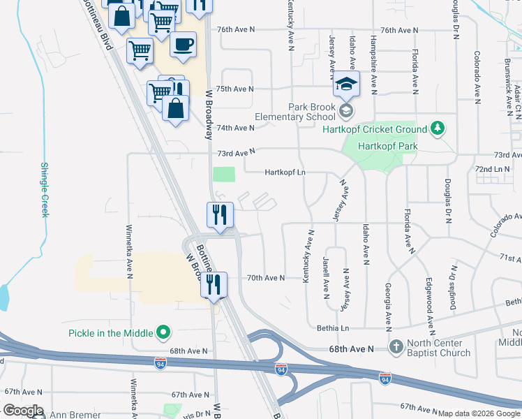 map of restaurants, bars, coffee shops, grocery stores, and more near 7416 72nd Lane North in Brooklyn Park