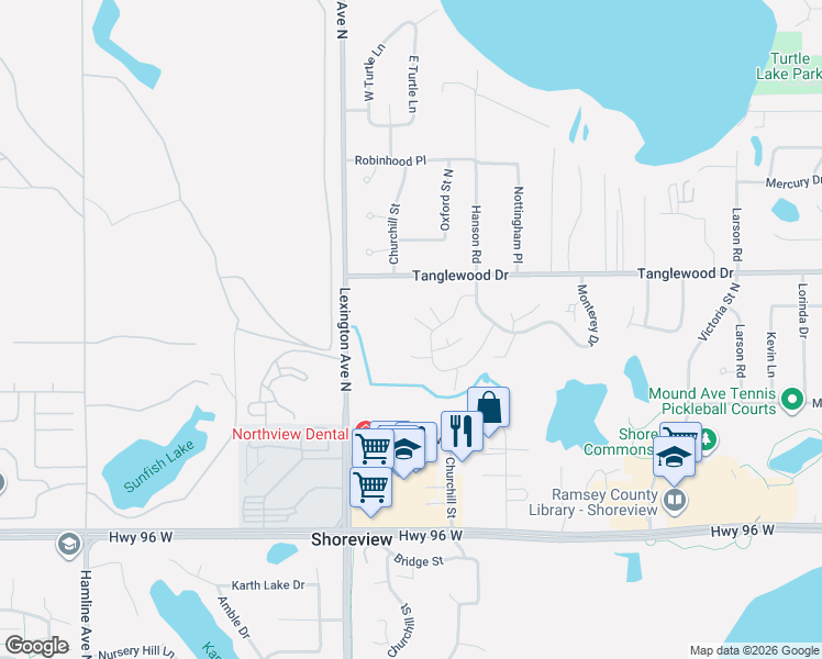 map of restaurants, bars, coffee shops, grocery stores, and more near 1058 Carmel Court in Shoreview