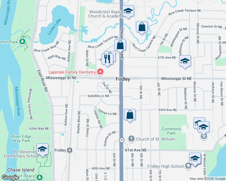 map of restaurants, bars, coffee shops, grocery stores, and more near in Fridley
