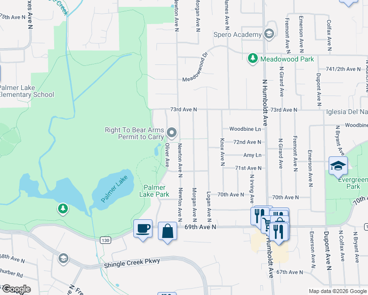 map of restaurants, bars, coffee shops, grocery stores, and more near 7200 Newton Avenue North in Minneapolis