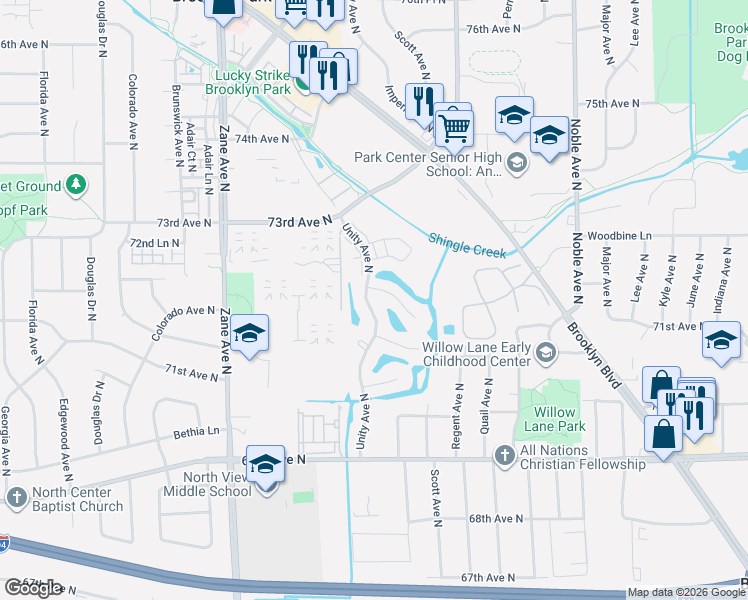 map of restaurants, bars, coffee shops, grocery stores, and more near 5458 72nd Circle North in Minneapolis