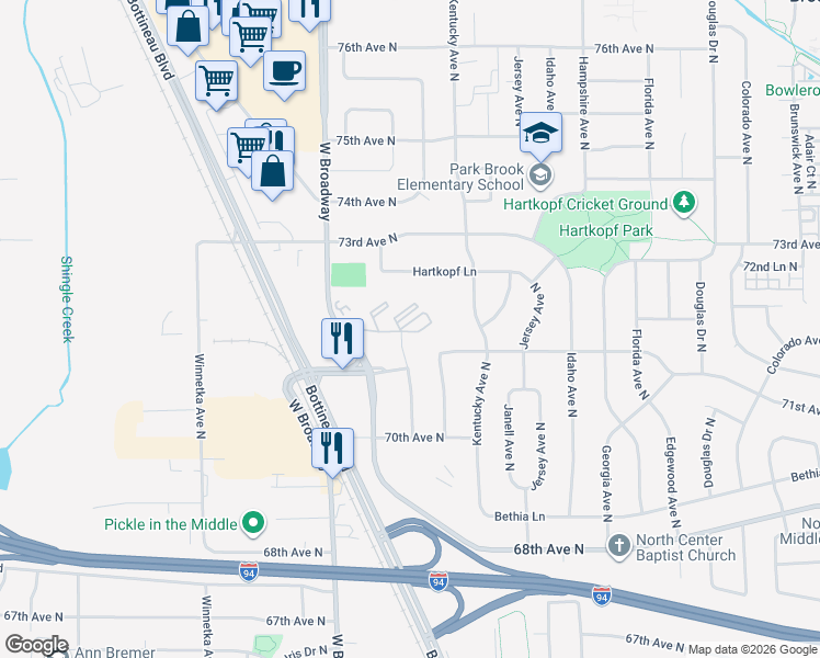 map of restaurants, bars, coffee shops, grocery stores, and more near 7416 72nd Lane North in Brooklyn Park