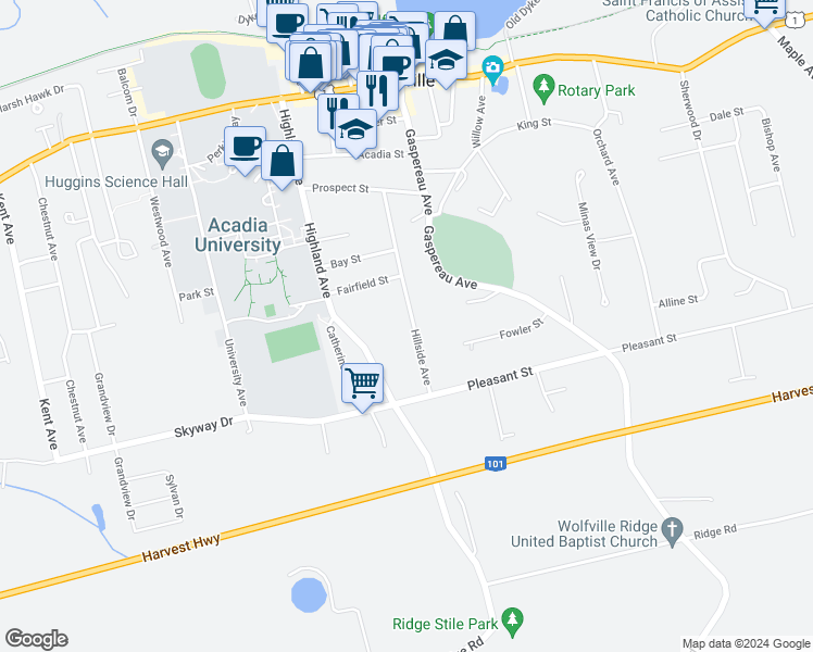 map of restaurants, bars, coffee shops, grocery stores, and more near 38 Hillside Avenue in Wolfville
