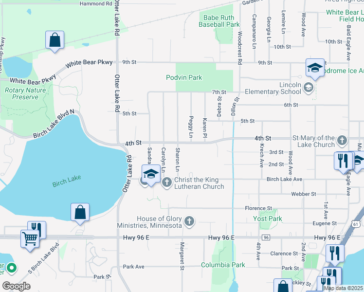 map of restaurants, bars, coffee shops, grocery stores, and more near 4766 Sharon Lane in White Bear Lake