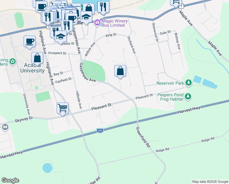 map of restaurants, bars, coffee shops, grocery stores, and more near 5 Fowler Street in Wolfville