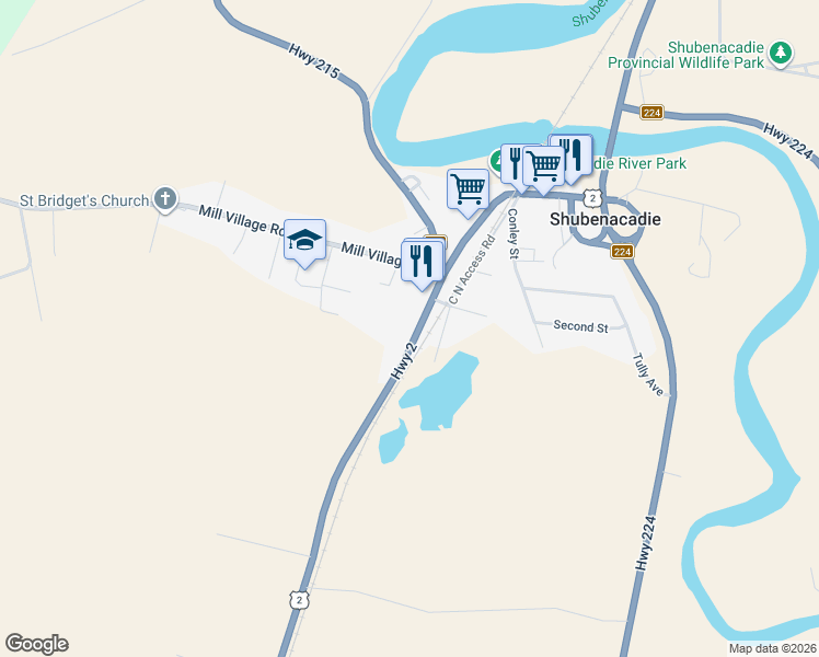 map of restaurants, bars, coffee shops, grocery stores, and more near 2790 Nova Scotia 2 in Shubenacadie