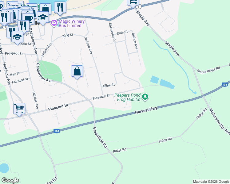 map of restaurants, bars, coffee shops, grocery stores, and more near 56 Pleasant Street in Wolfville