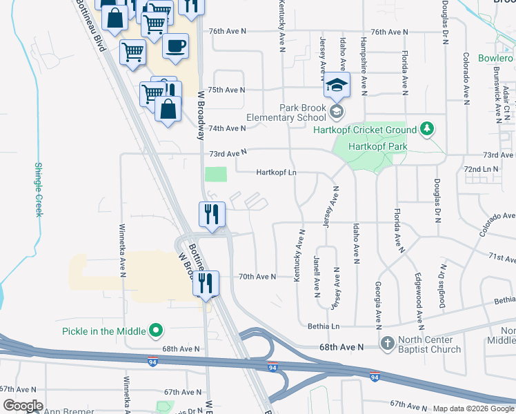 map of restaurants, bars, coffee shops, grocery stores, and more near 7126 72nd Lane North in Brooklyn Park