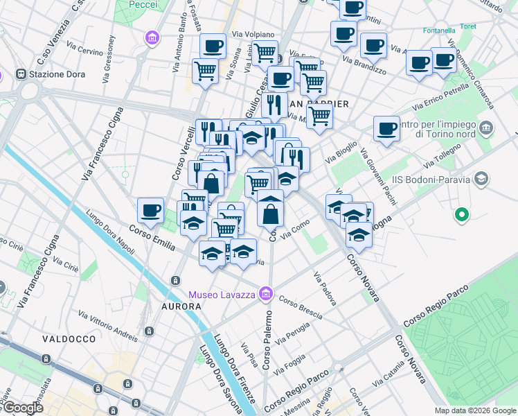 map of restaurants, bars, coffee shops, grocery stores, and more near 46 Via Aosta in Torino