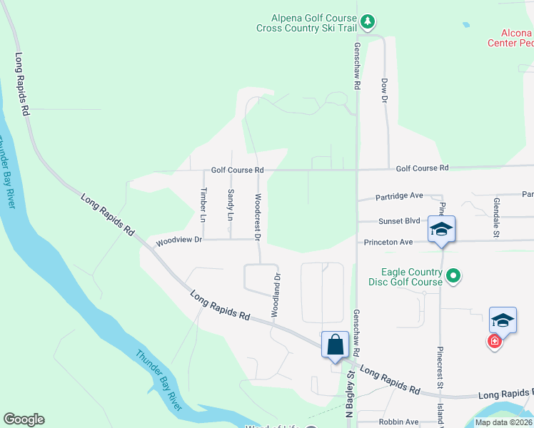 map of restaurants, bars, coffee shops, grocery stores, and more near 2328-2398 Woodcrest Drive in Alpena