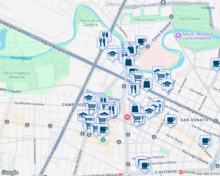 map of restaurants, bars, coffee shops, grocery stores, and more near 112 Corso Svizzera in Turin