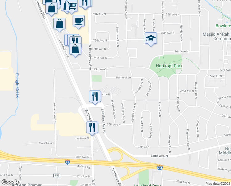 map of restaurants, bars, coffee shops, grocery stores, and more near 7164 72nd Lane North in Brooklyn Park