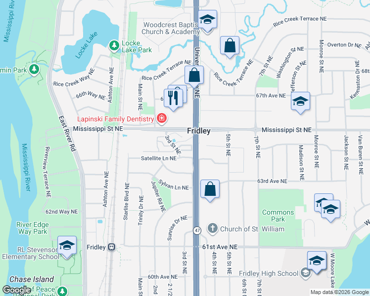 map of restaurants, bars, coffee shops, grocery stores, and more near in Fridley
