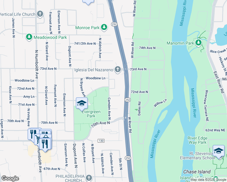 map of restaurants, bars, coffee shops, grocery stores, and more near 7200 Camden Avenue North in Minneapolis