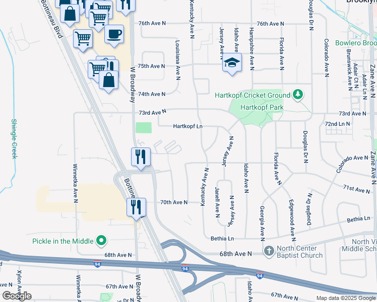 map of restaurants, bars, coffee shops, grocery stores, and more near 7125 Kentucky Avenue North in Minneapolis